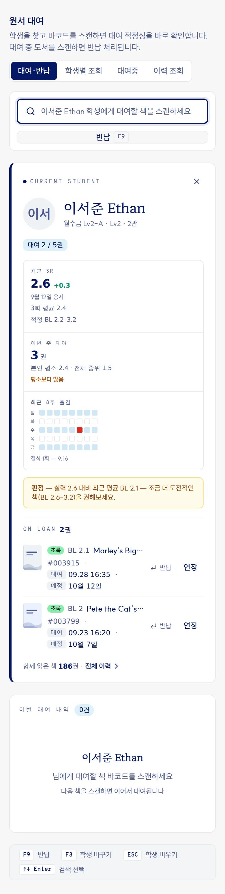 원서 대여 데스크에서 학생 카드를 찍은 화면. 최근 SR 2.6과 적정 BL 범위, 이번 주 대여 3권, 최근 8주 출결, 조금 더 도전적인 책을 권하라는 판정 줄, 대여 중인 책 2권(예시 데이터)