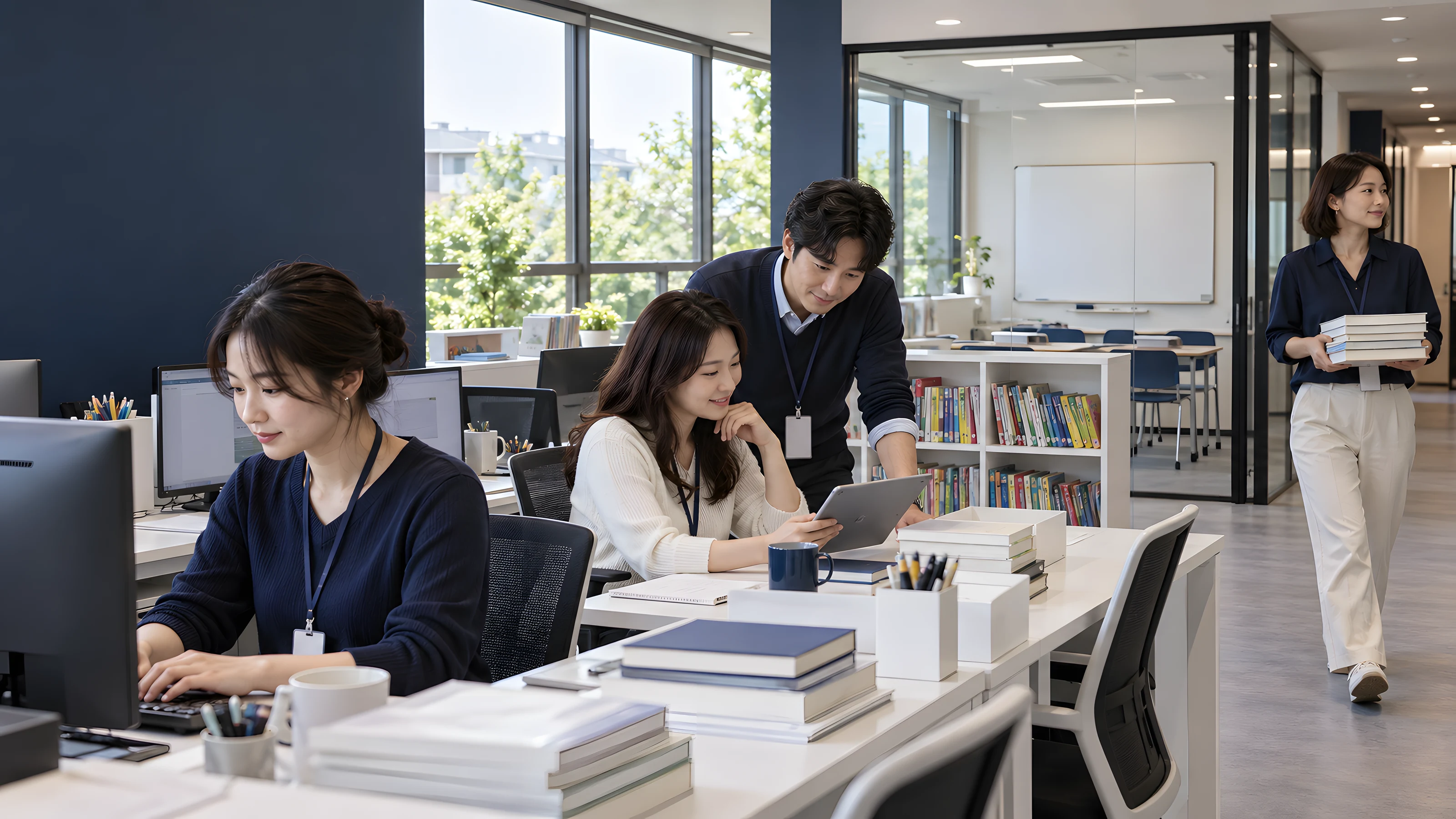 상가 건물 안 영어학원의 교무실. 낮의 창가 자리에서 선생님들이 모니터와 태블릿을 보며 수업을 준비한다
