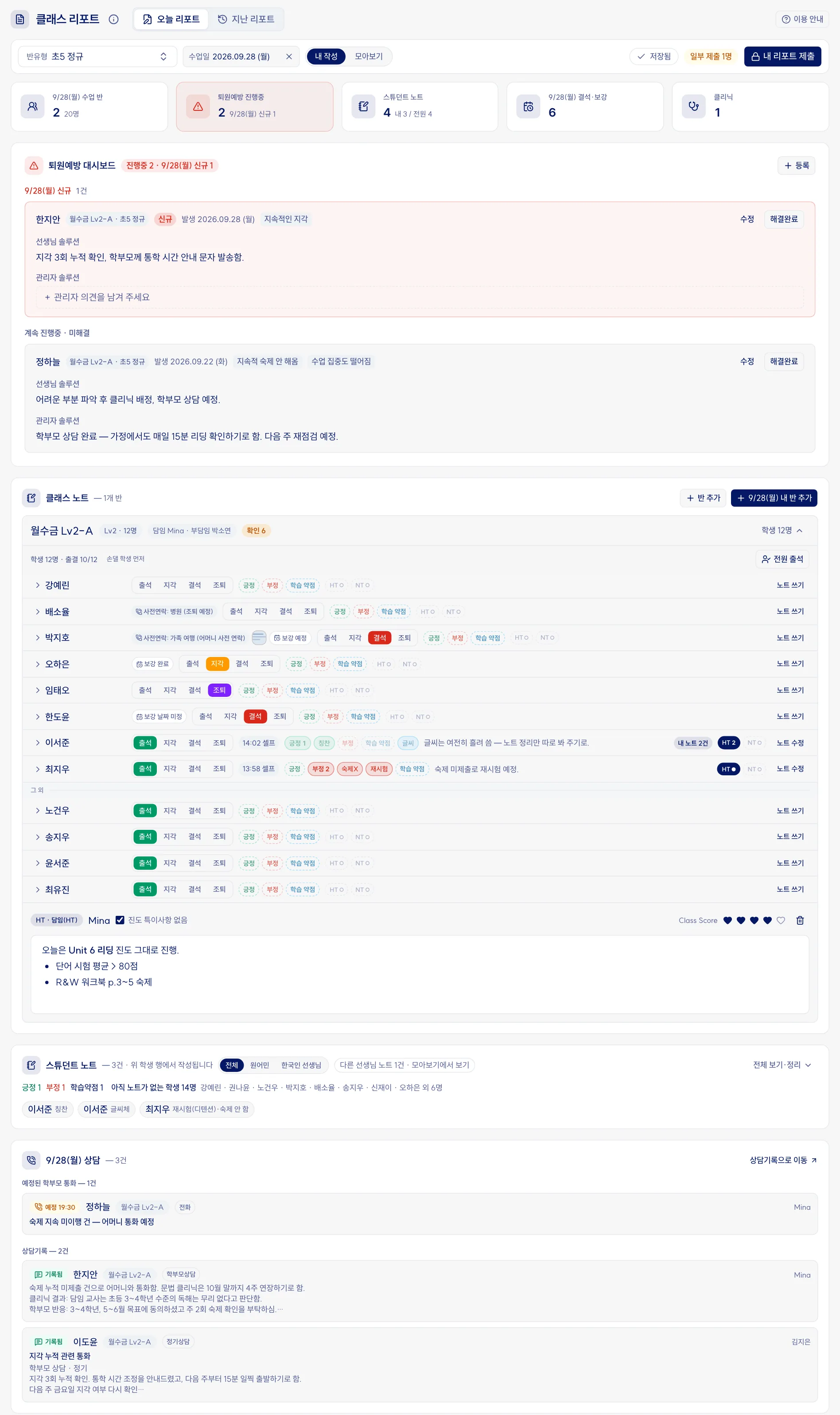 클래스 리포트 오늘 리포트 화면. 퇴원예방 대시보드, 반별 출결과 학생별 노트, 진도 특이사항과 Class Score, 스튜던트 노트, 오늘의 상담, 결석과 보강, 클리닉(예시 데이터)